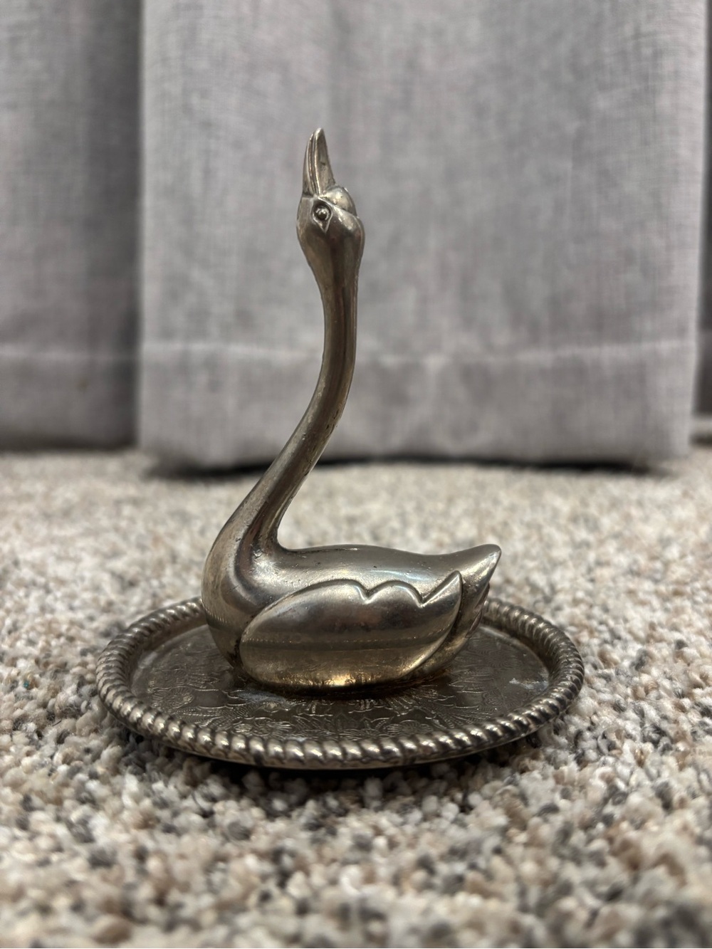 Vintage 1970s Silver-Plated Swan Ring Holder Jewelry Dish Vanity Decor